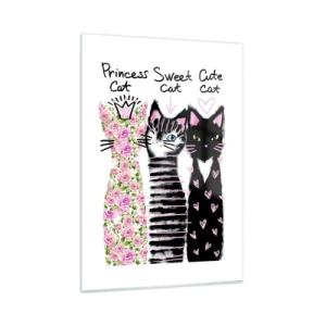 Quadro su vetro - Tre adorabili gatti in stile artistico con iscrizioni su sfondo bianco - 50x70cm - C'erano una volta tre gattini - Decorazione murale moderna per soggiorno e camera da letto ARTTOR