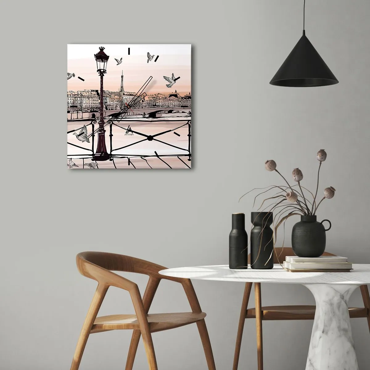 Orologio da parete - Orologio in Vetro - Veduta parigina con lanterna e ponte - 30x30cm - Sui tetti di Parigi - Decorazione murale moderna per soggiorno e camera da letto ARTTOR