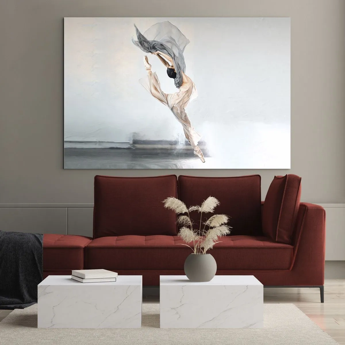 Quadro su vetro - Una ballerina esegue un salto dinamico in una luce soffusa. - 100x70cm - Nell'estasi della danza - Decorazione murale moderna per soggiorno e camera da letto ARTTOR