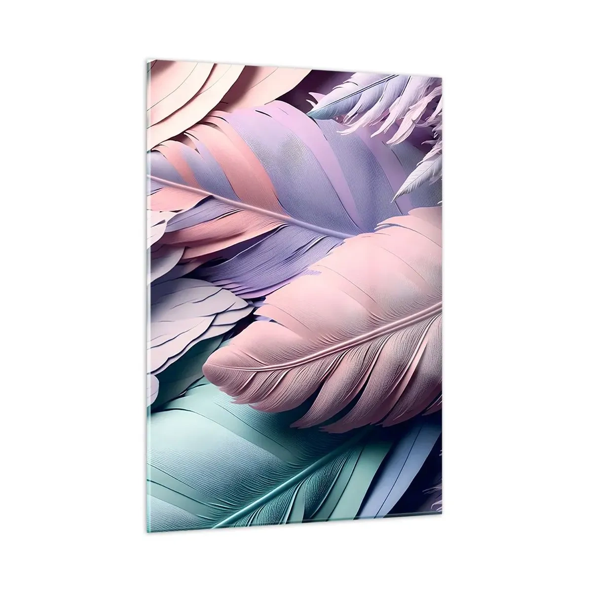 Quadro su vetro - Piume pastello nelle tonalità del rosa, viola e turchese - 50x70cm - Eleganza per uccelli - Decorazione murale moderna per soggiorno e camera da letto ARTTOR