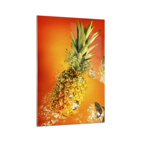 Quadro su vetro - Un ananas immerso nell'acqua su uno sfondo sfumato arancione. - 70x100cm - Succosa freschezza tropicale - Decorazione murale moderna per soggiorno e camera da letto ARTTOR