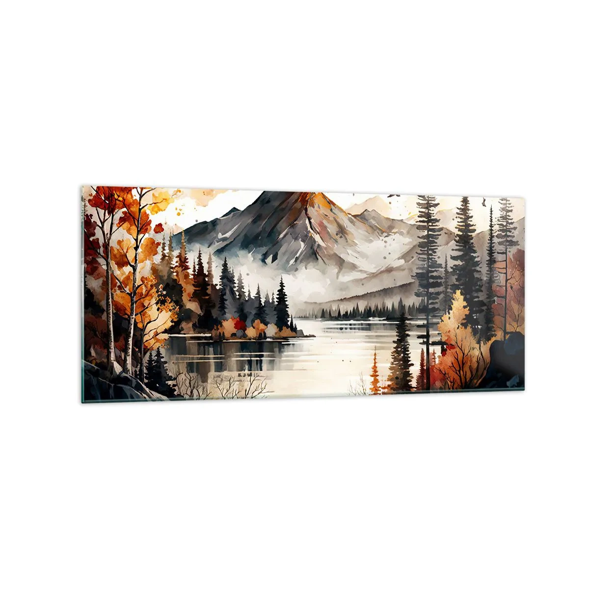 Quadro su vetro - Paesaggio montano autunnale con lago e alberi in acquerello - 120x50cm - L'autunno dorato sui monti - Decorazione murale moderna per soggiorno e camera da letto ARTTOR