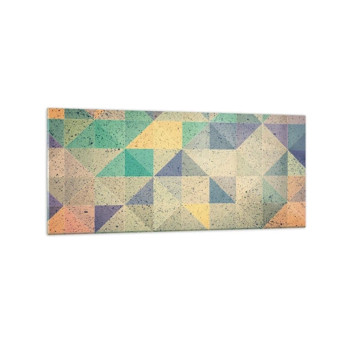 Quadro su vetro - Una composizione colorata di triangoli geometrici in tonalità pastello. - 120x50cm - La repubblica dei triangoli - Decorazione murale moderna per soggiorno e camera da letto ARTTOR