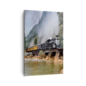 Quadro su tela - Stampe su Tela - Una locomotiva a vapore su un ponte in un pittoresco paesaggio montano - 80x120cm - Dove andiamo? - Decorazione murale moderna per soggiorno e camera da letto ARTTOR