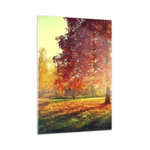 Quadro su vetro - Vicolo autunnale con raggi di sole - 50x70cm - Rosso è bello - Decorazione murale moderna per soggiorno e camera da letto ARTTOR