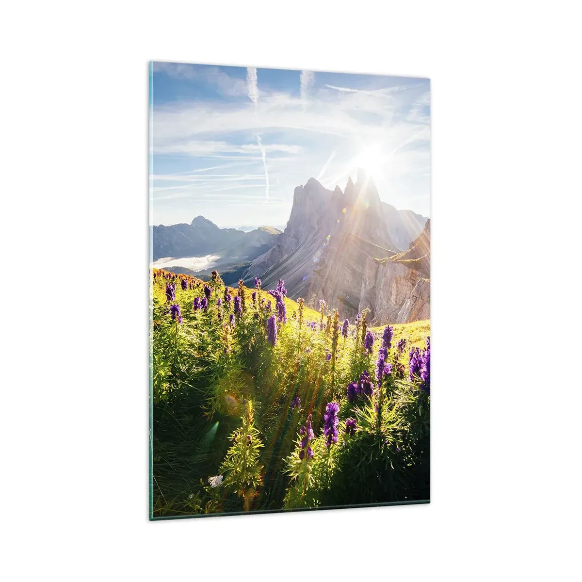 Quadro su vetro - Paesaggio montano con fiori alla luce del sole nascente - 80x120cm - La vita segreta delle erbe - Decorazione murale moderna per soggiorno e camera da letto ARTTOR