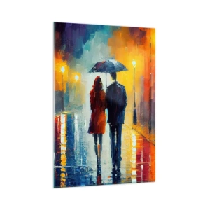 Quadro su vetro - Una coppia sotto un ombrello che cammina attraverso una colorata città notturna - 80x120cm - Insieme la notte è colorata - Decorazione murale moderna per soggiorno e camera da letto ARTTOR