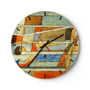 Orologio da parete - Orologio in Vetro - Motivo astratto con colori arancioni, beige e blu - 30x30cm - Cubismo in cantiere - Decorazione murale moderna per soggiorno, cucina e camera da letto ARTTOR