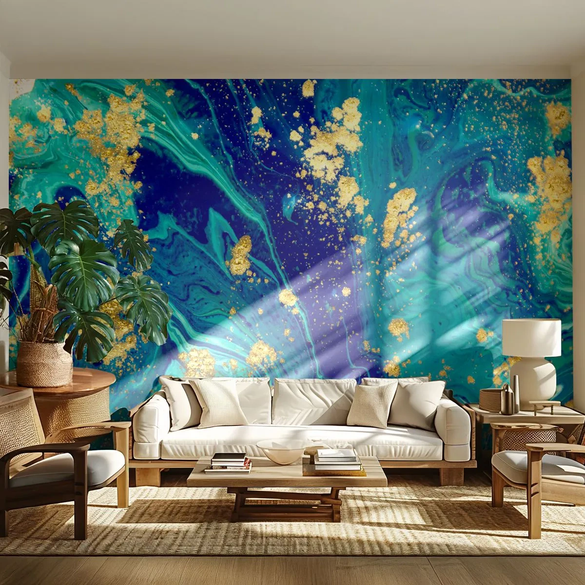 Fotomurali Premium Sand - Astrazione nei toni del blu navy con accenti dorati - 100x70cm - Petali di sole - Decorazione murale moderna per soggiorno e camera da letto ARTTOR