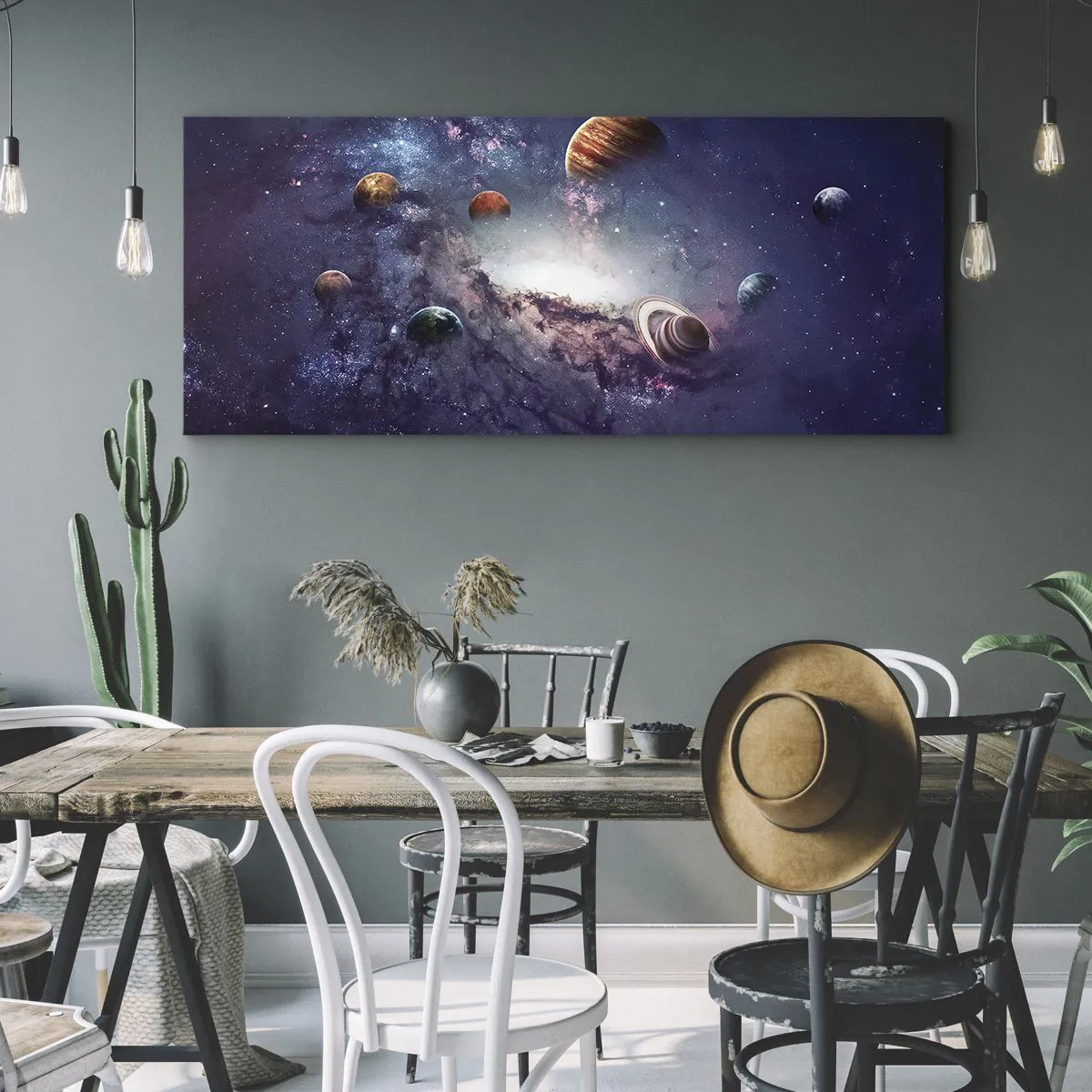 Quadro su tela - Stampe su Tela - Pianeti in una galassia con una nebulosa sullo sfondo - 160x50cm - Sistema solare danzante - Decorazione murale moderna per soggiorno e camera da letto ARTTOR
