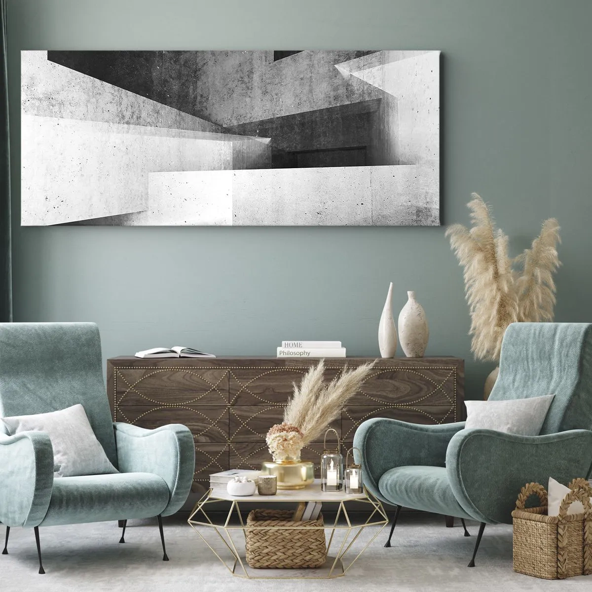 Quadro su tela - Stampe su Tela - Forme geometriche in una composizione monocromatica - 160x50cm - La struttura dello spazio - Decorazione murale moderna per soggiorno e camera da letto ARTTOR