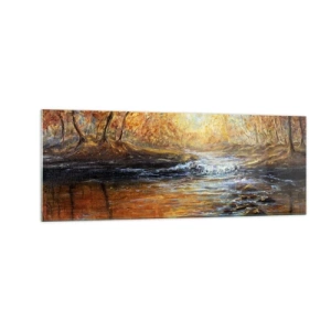 Quadro su vetro - Paesaggio autunnale con un fiume tra gli alberi - 140x50cm - Ruscello d'oro - Decorazione murale moderna per soggiorno e camera da letto ARTTOR