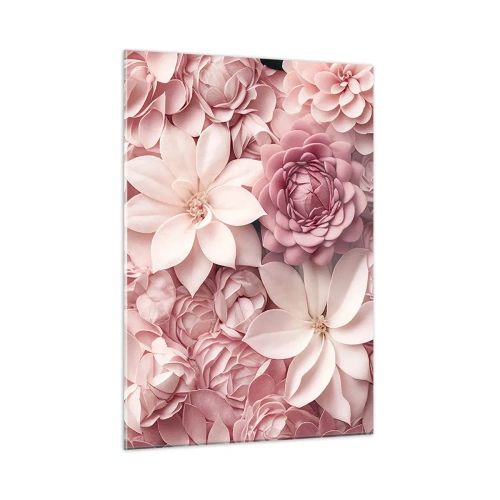 Quadro su vetro - Delicati fiori rosa in una composizione ricca di petali - 50x70cm - Nei petali di rosa - Decorazione murale moderna per soggiorno e camera da letto ARTTOR