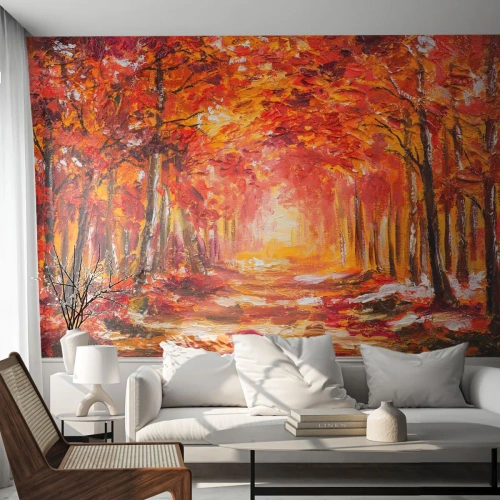 Fotomurali Standard Eco - Foresta autunnale nei toni del rosso e dell'oro - 100x70cm - Foresta di rame - Decorazione murale moderna per soggiorno e camera da letto ARTTOR