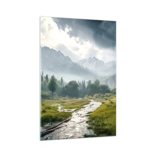 Quadro su vetro - Un paesaggio montano con un fiume e alberi circondati da montagne nebbiose - 70x100cm - Andata e ritorno - Decorazione murale moderna per soggiorno e camera da letto ARTTOR
