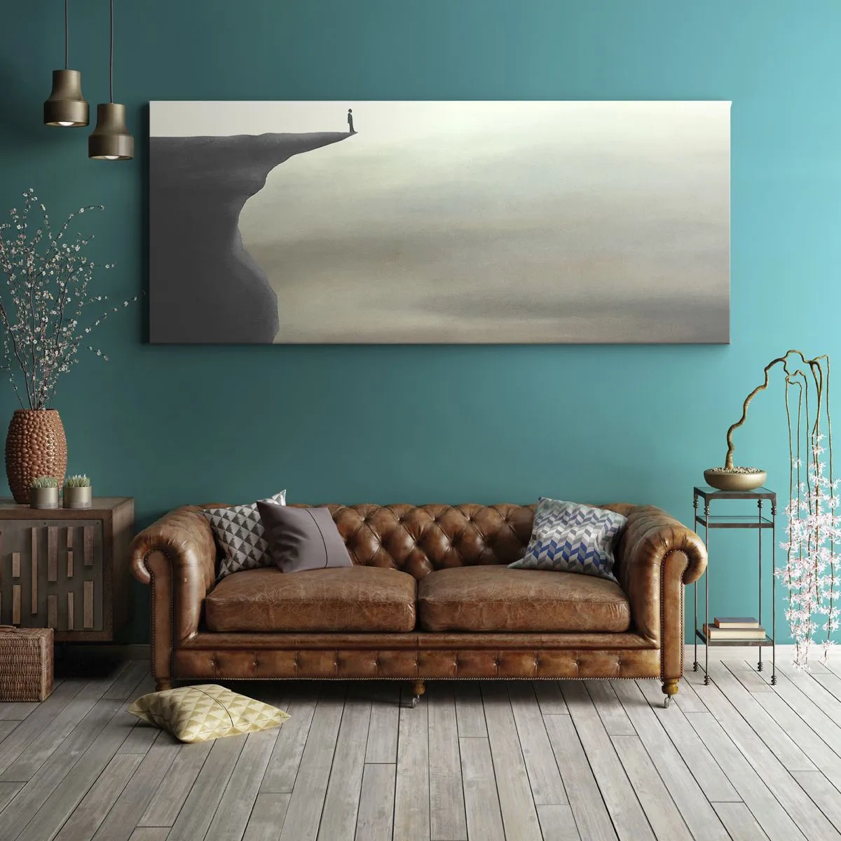 Quadro su tela - Stampe su Tela - Sagoma di una figura sul bordo di una scogliera in un paesaggio nebbioso - 140x50cm - Certamente verso l'alto! - Decorazione murale moderna per soggiorno e camera da letto ARTTOR