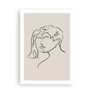 Poster - Uno schizzo minimalista dei volti di una coppia su uno sfondo beige. - 50x70cm - E divennero una cosa sola - Decorazione murale moderna per soggiorno e camera da letto ARTTOR
