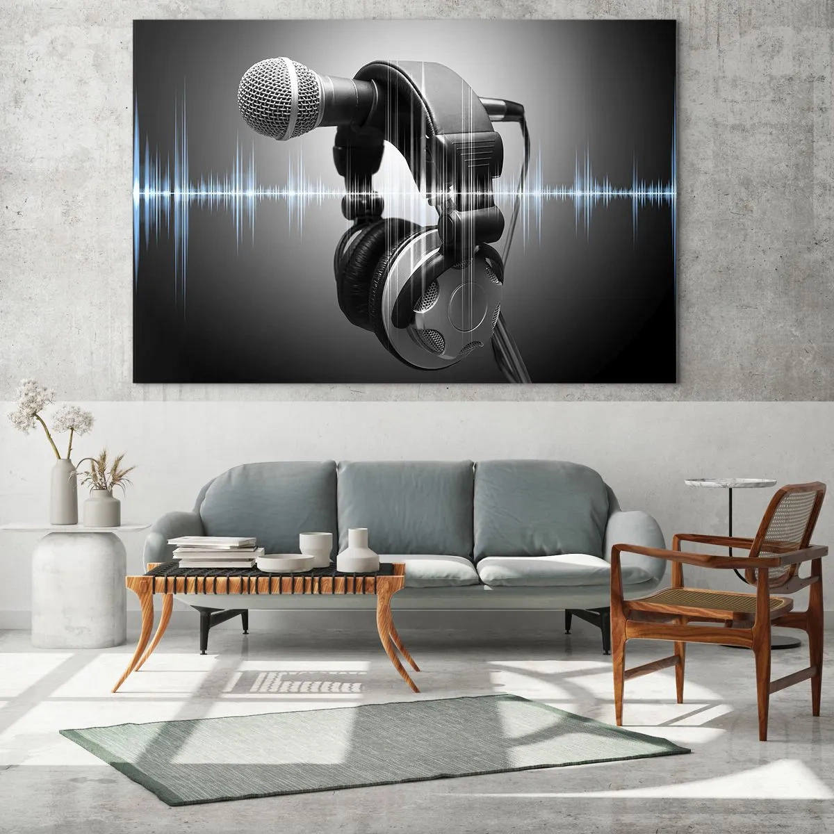 Quadro su vetro - Microfono con cuffie su uno sfondo di onde sonore - 120x80cm - Si sente ancora il canto - Decorazione murale moderna per soggiorno e camera da letto ARTTOR