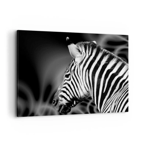 Quadro su tela - Stampe su Tela - Ritratto in bianco e nero di una zebra su uno sfondo di motivi astratti. - 120x80cm - Il bianco è bianco, il nero è nero - Decorazione murale moderna per soggiorno e camera da letto ARTTOR