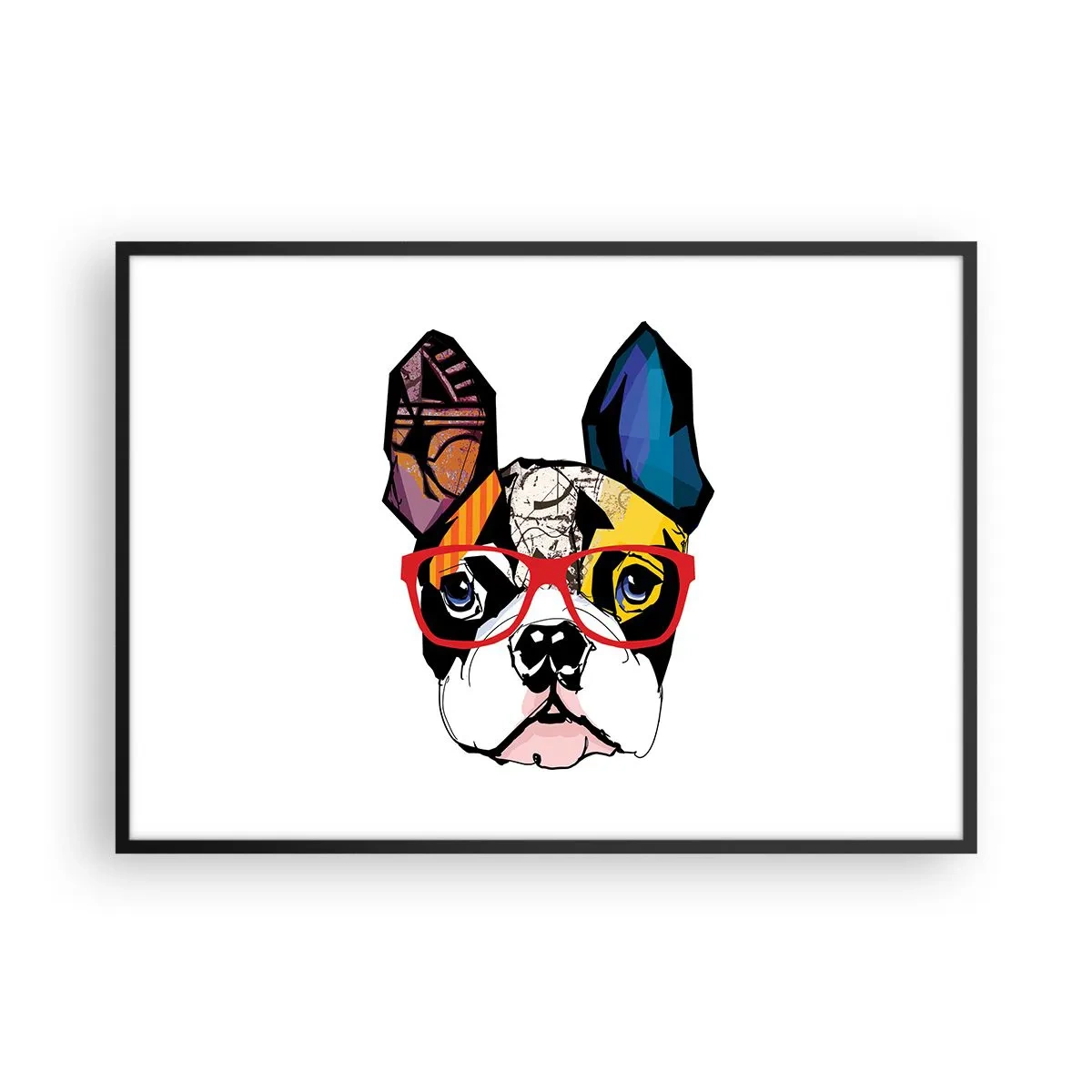 Poster in cornice nera - Bulldog in un'illustrazione colorata con occhiali rossi - 100x70cm - Intellettuale - Decorazione murale moderna per soggiorno e camera da letto ARTTOR