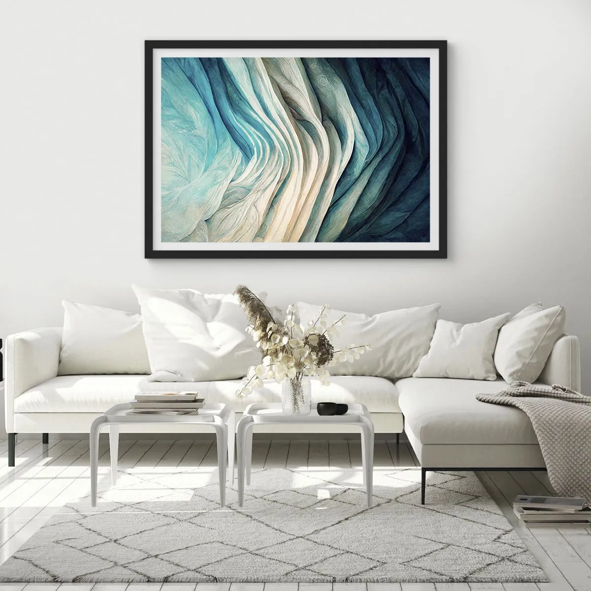 Poster in cornice nera - Onde dinamiche nelle tonalità del blu e del bianco - 70x50cm - Blu insaziabile - Decorazione murale moderna per soggiorno e camera da letto ARTTOR