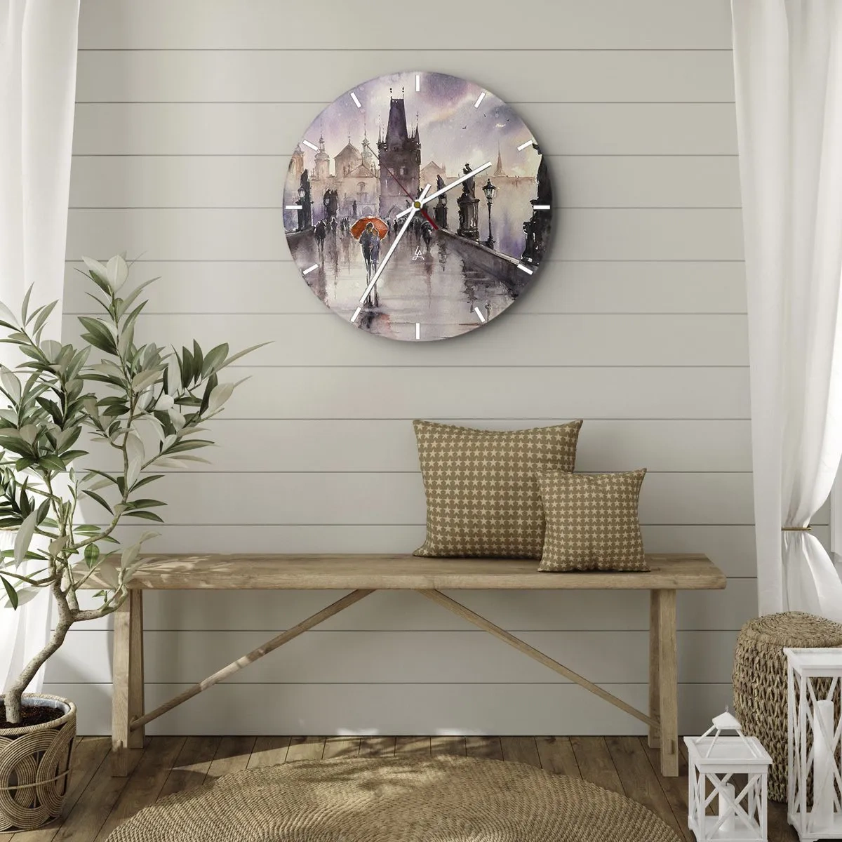 Orologio da parete - Orologio in Vetro - Scena romantica su un ponte sotto la pioggia con un ombrello arancione - 30x30cm - Le persone non cambiano - Decorazione murale moderna per soggiorno, cucina e camera da letto ARTTOR