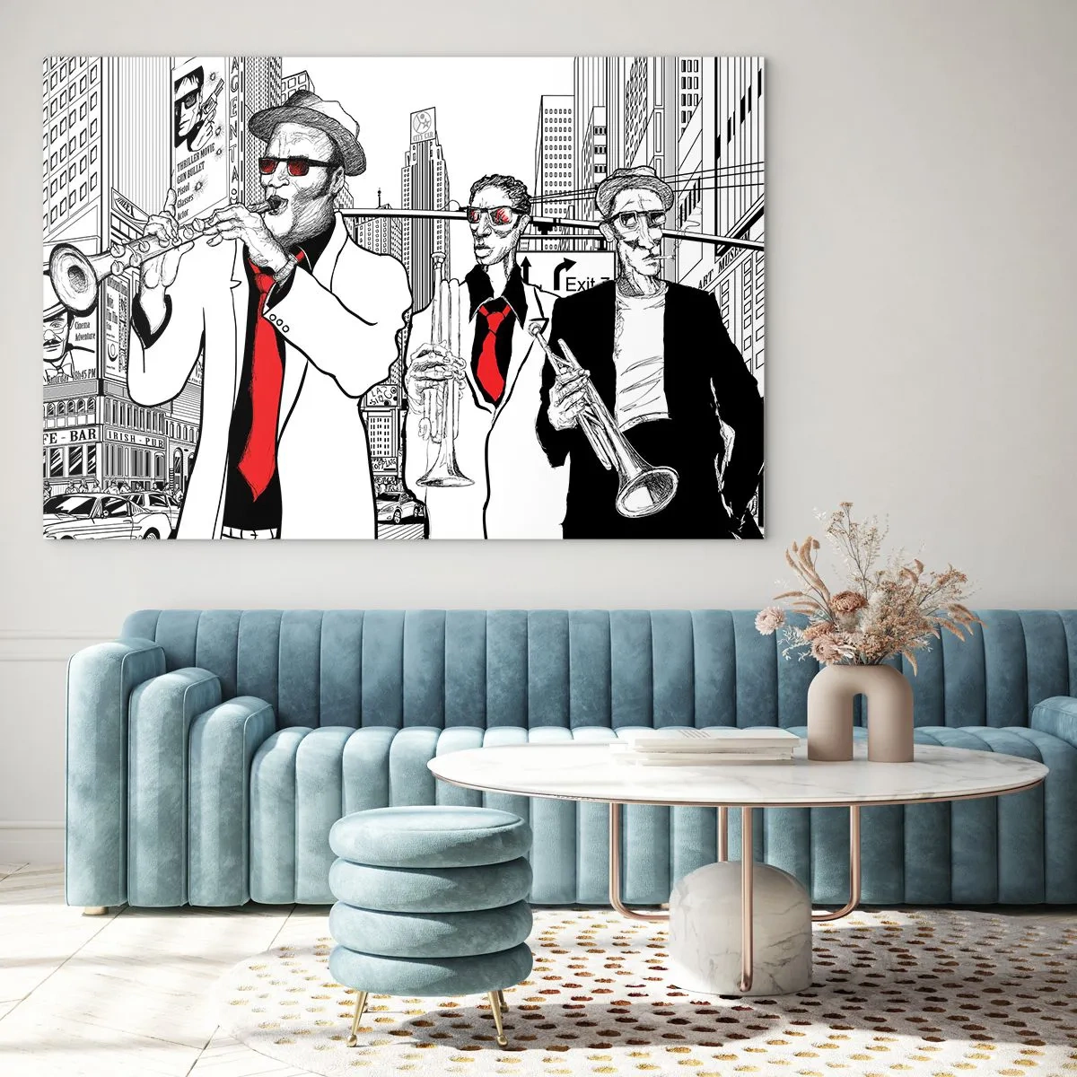 Quadro su vetro - Una street band jazz con uno stile grafico moderno. - 70x50cm - Rapsodia cittadina in nero e rosso - Decorazione murale moderna per soggiorno e camera da letto ARTTOR