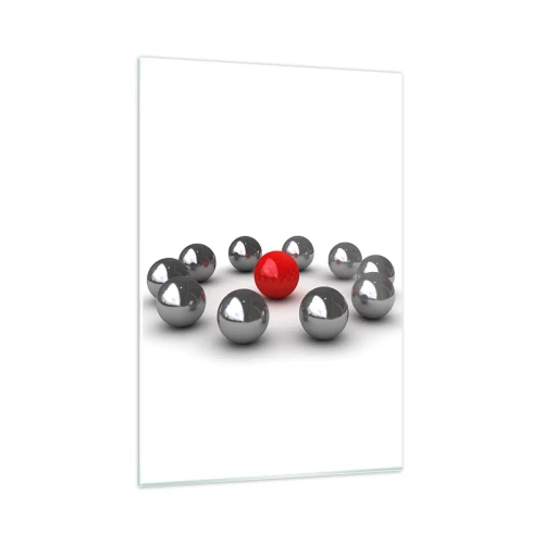 Quadro su vetro - Una palla rossa circondata da palline argentate su uno sfondo bianco - 80x120cm - Cerchio in argento e rosso - Decorazione murale moderna per soggiorno e camera da letto ARTTOR