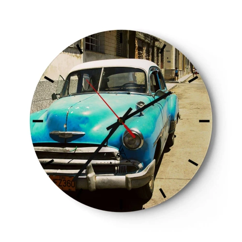 Orologio da parete - Orologio in Vetro - Auto d'epoca blu sulla strada, stile vintage - 30x30cm - Evviva Cuba! - Decorazione murale moderna per soggiorno, cucina e camera da letto ARTTOR