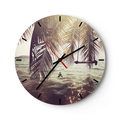 Orologio da parete - Orologio in Vetro - Amache e palme sull'acqua al tramonto - 30x30cm - Si può dondolare tra le nuvole a volontà - Decorazione murale moderna per soggiorno, cucina e camera da letto ARTTOR