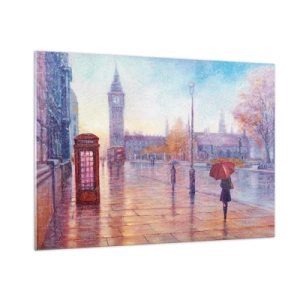Quadro su vetro - Scena di Londra sotto la pioggia con il Big Ben e la scatola rossa - 100x70cm - Giorno d'autunno a Londra - Decorazione murale moderna per soggiorno e camera da letto ARTTOR