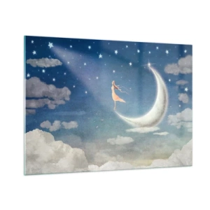 Quadro su vetro - Una donna con un abito svolazzante in piedi sulla luna in un cielo stellato. - 100x70cm - Seduttrice celeste - Decorazione murale moderna per soggiorno e camera da letto ARTTOR