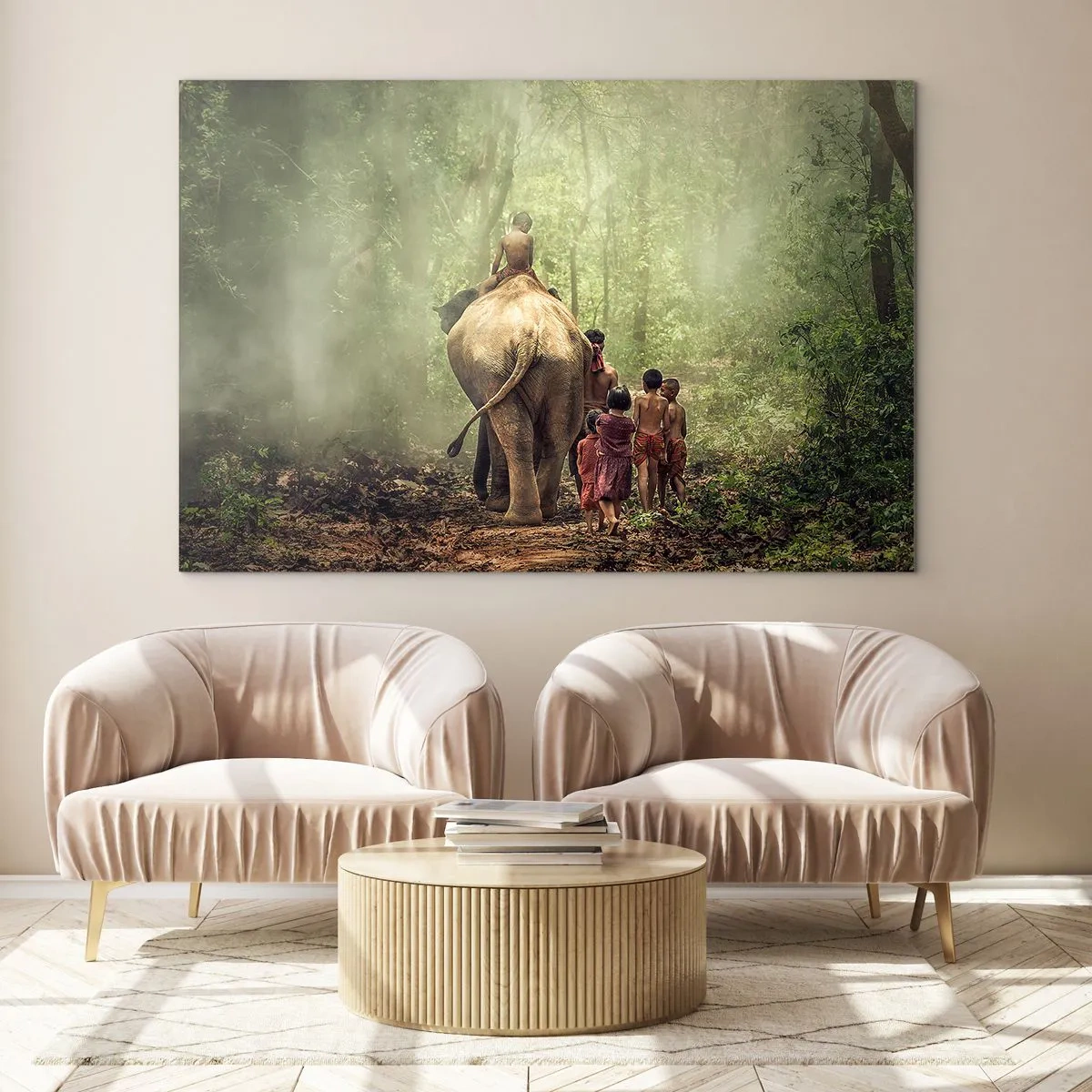 Quadro su vetro - Un elefante nella foresta con bambini in costumi tradizionali - 120x80cm - Il nuovo Libro della Giungla - Decorazione murale moderna per soggiorno e camera da letto ARTTOR