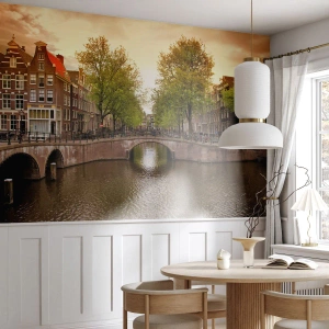 Fotomurale su misura Premium Sand - In barca o in bicicletta? - Città, Amsterdam, Canale del ponte di barche