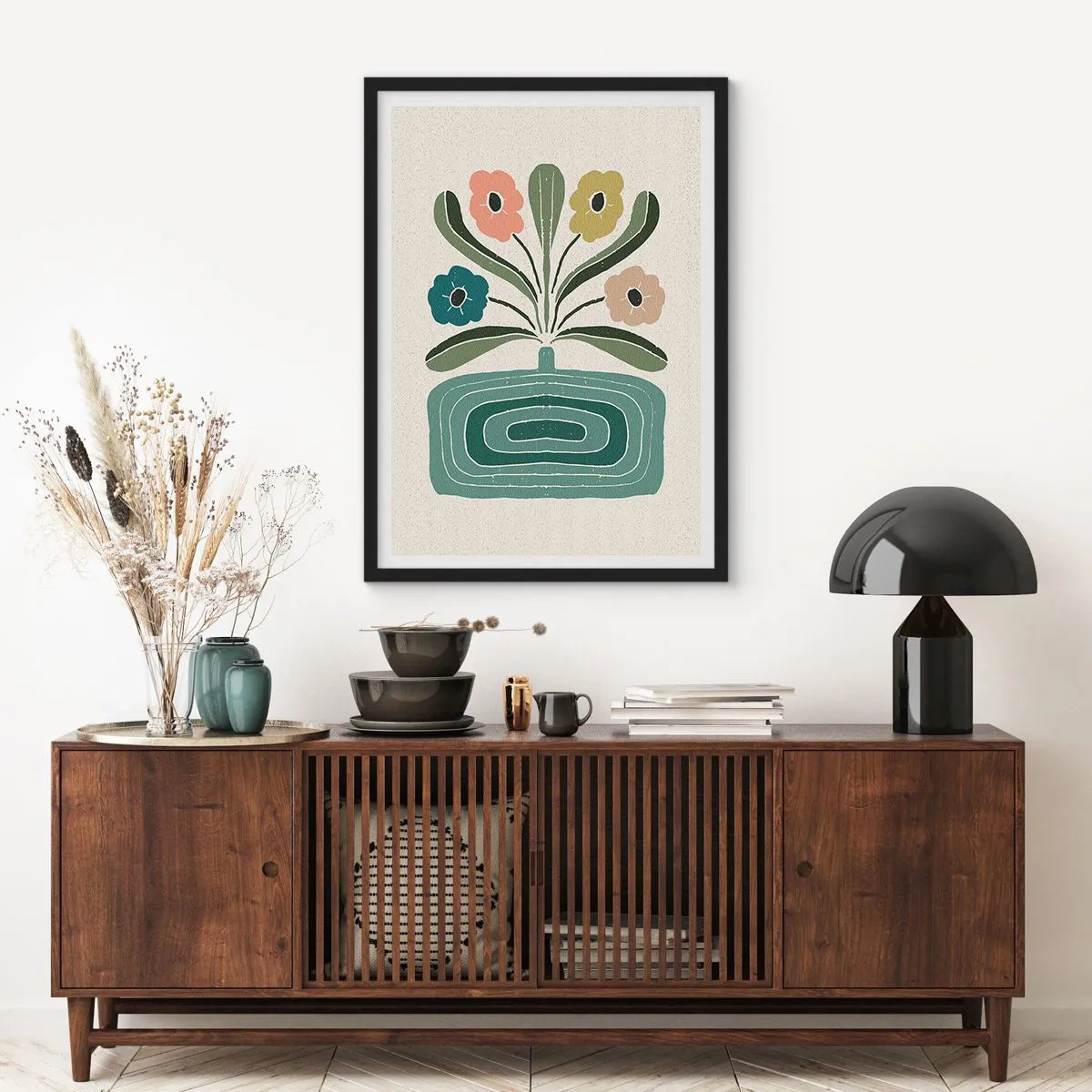 Poster in cornice nera - Fiori stilizzati in una composizione grafica - 50x70cm - Bouquet simmetrico - Decorazione murale moderna per soggiorno e camera da letto ARTTOR