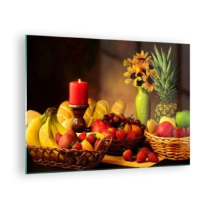 Quadro su vetro - Una composizione di frutta, pane e una candela in stile rustico - 70x50cm - Natura morta con pane e frutta - Decorazione murale moderna per soggiorno e camera da letto ARTTOR