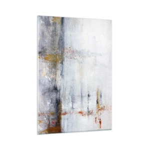 Quadro su vetro - Un dipinto astratto caratterizzato da una delicata combinazione di grigio, bianco e oro. - 50x70cm - Dietro la cortina d'aria - Decorazione murale moderna per soggiorno e camera da letto ARTTOR