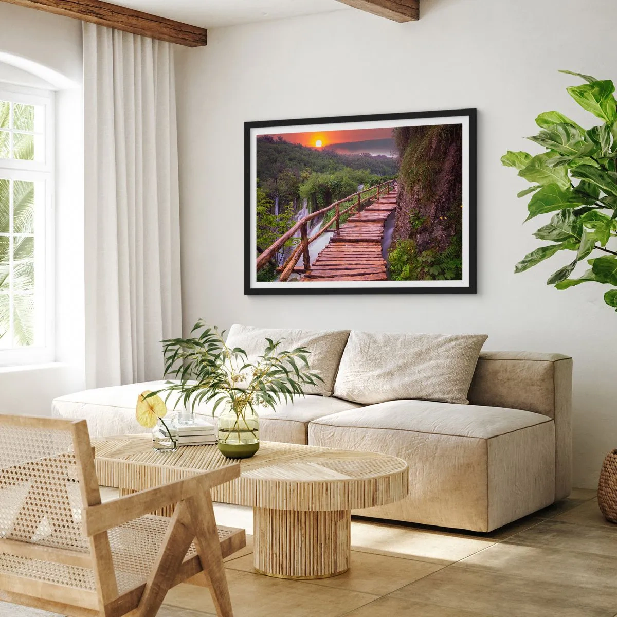 Poster in cornice nera - Un ponte che domina le cascate al tramonto - 70x50cm - Una bellezza incredibile - Decorazione murale moderna per soggiorno e camera da letto ARTTOR