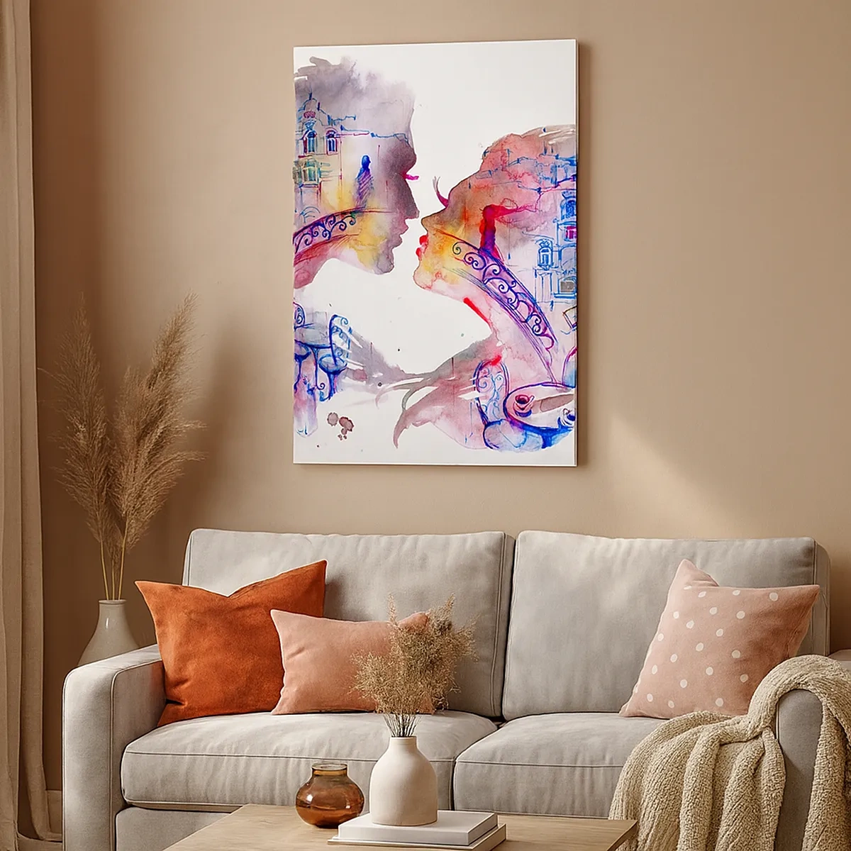 Quadro su tela - Stampe su Tela - Un acquerello romantico che raffigura le sagome degli innamorati - 50x70cm - Misterioso ponte dei sospiri - Decorazione murale moderna per soggiorno e camera da letto ARTTOR