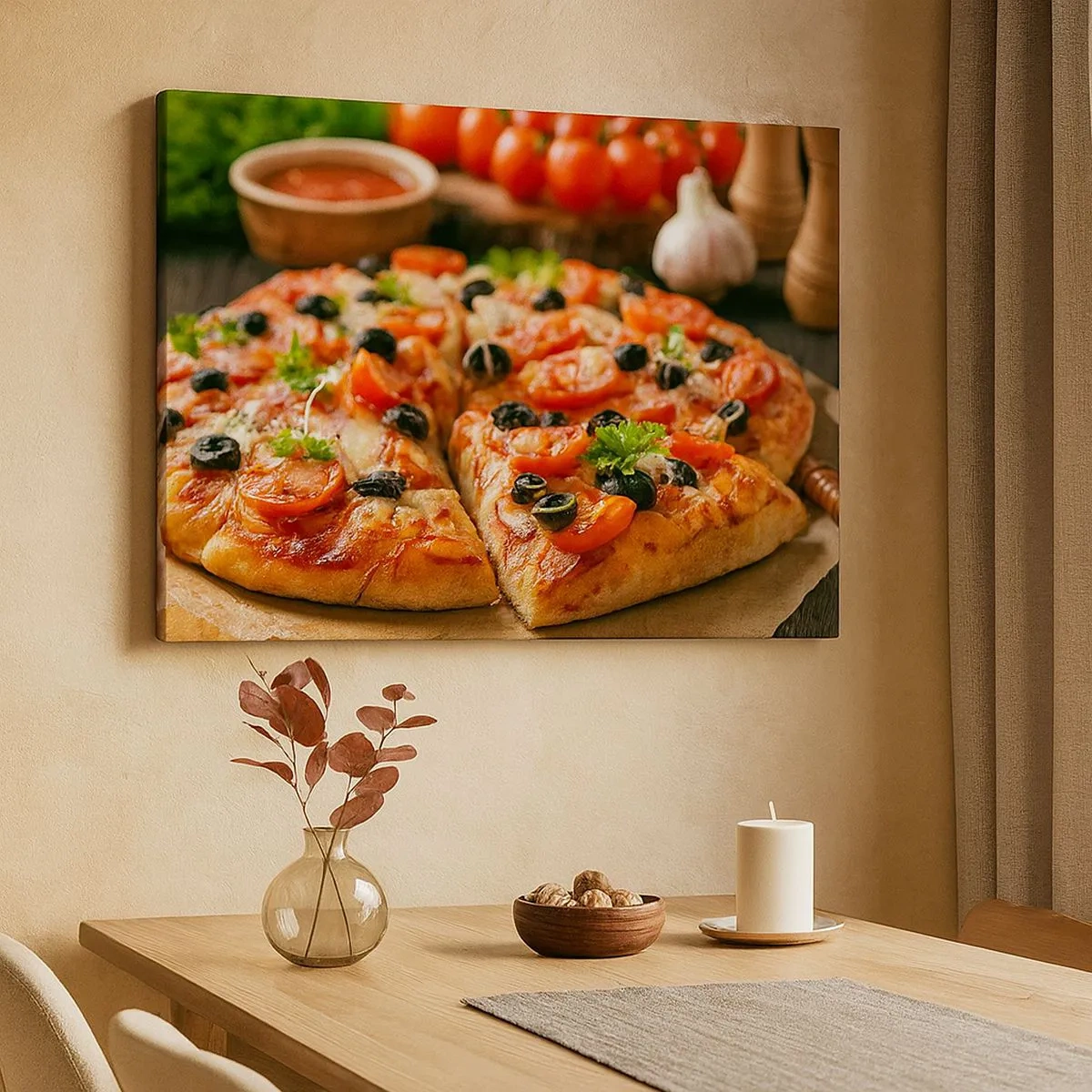 Quadro su tela - Stampe su Tela - Pizza con pomodori, olive ed erbe fresche sul tavolo - 70x50cm - Te la sei nuovamente cavata - Decorazione murale moderna per soggiorno e camera da letto ARTTOR