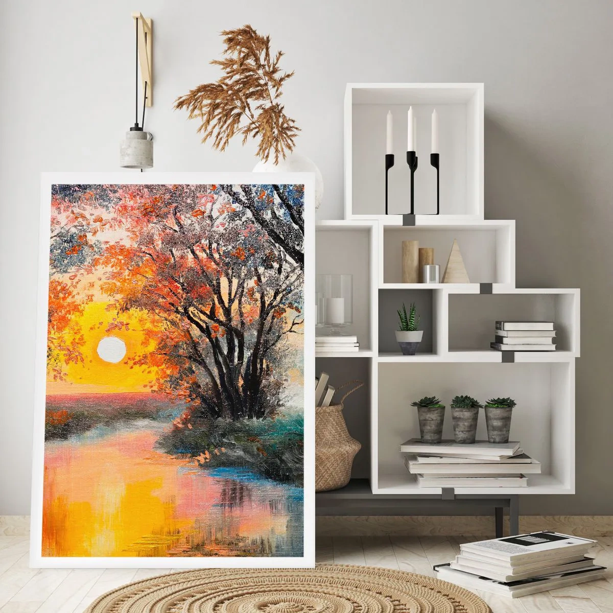 Poster - Tramonto su un fiume con alberi - 50x70cm - Atmosfera autunnale - Decorazione murale moderna per soggiorno e camera da letto ARTTOR