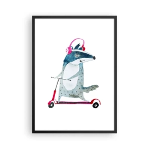 Poster in cornice nera - Illustrazione di un tasso su uno scooter che indossa delle cuffie rosa - 50x70cm - Tassi di gioia - Decorazione murale moderna per soggiorno e camera da letto ARTTOR