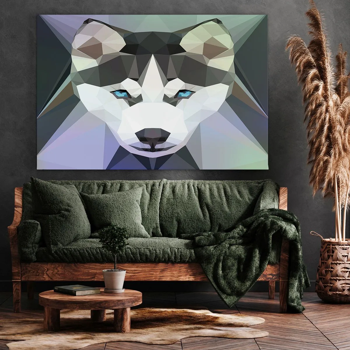 Quadro su tela - Stampe su Tela - Lupo geometrico con espressivi occhi azzurri - 100x70cm - Ricordo delle nevi del nord - Decorazione murale moderna per soggiorno e camera da letto ARTTOR