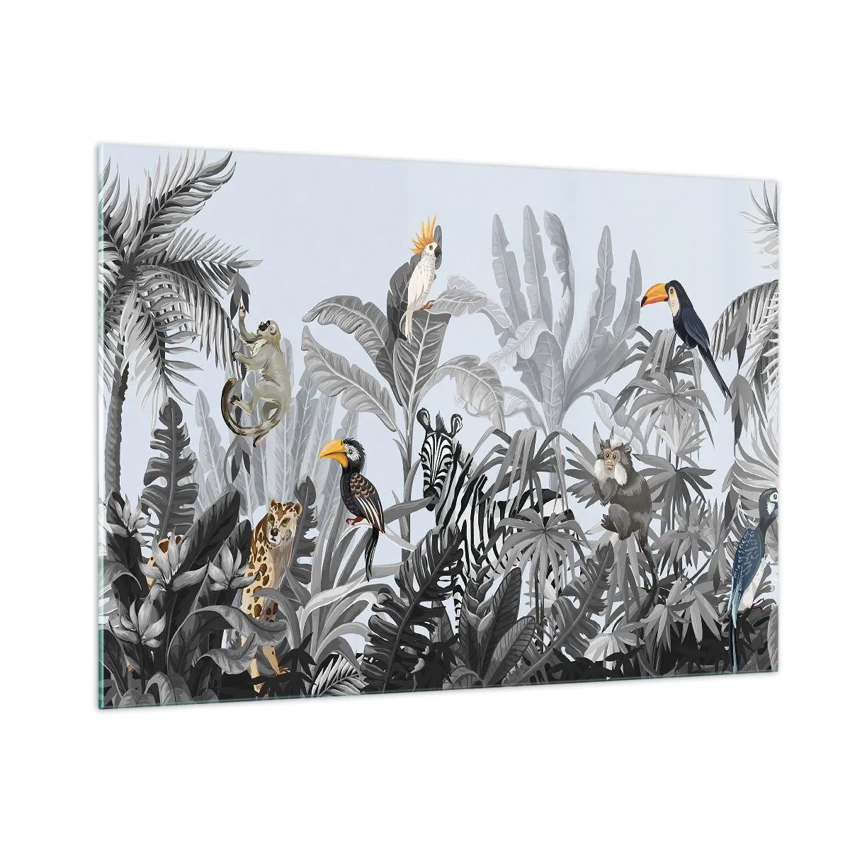 Quadro su vetro - Animali esotici in una giungla in bianco e nero su uno sfondo chiaro - 100x70cm - Favola africana - Decorazione murale moderna per soggiorno e camera da letto ARTTOR
