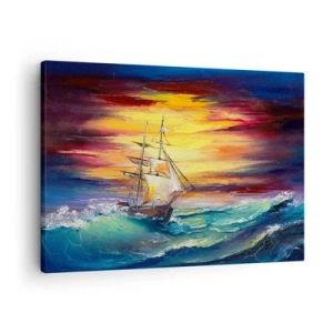 Quadro su tela - Stampe su Tela - Una nave a vela sullo sfondo di un tramonto colorato - 70x50cm - Temerari sulle onde - Decorazione murale moderna per soggiorno e camera da letto ARTTOR