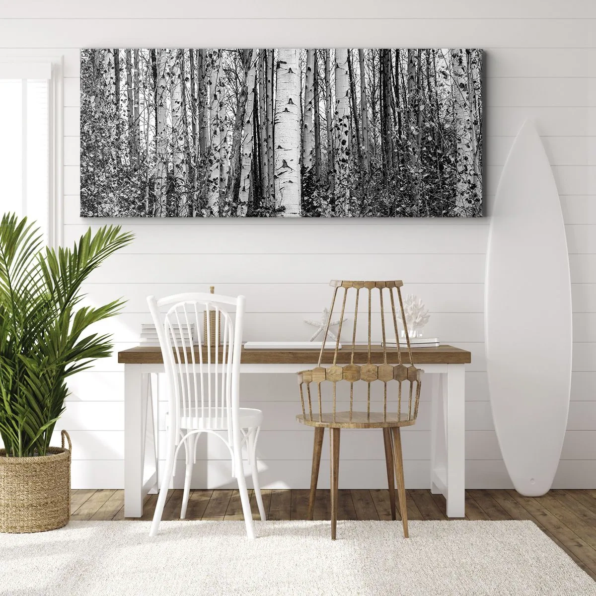 Quadro su tela - Stampe su Tela - Betulle bianche e nere nella foresta - 140x50cm - Colonnato di betulle - Decorazione murale moderna per soggiorno e camera da letto ARTTOR