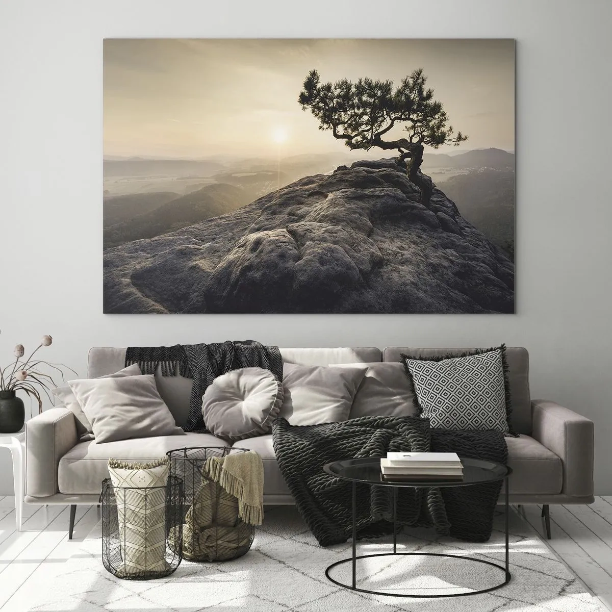 Quadro su vetro - Un albero su una roccia alla luce del sole nascente - 70x50cm - La vita vince sempre - Decorazione murale moderna per soggiorno e camera da letto ARTTOR