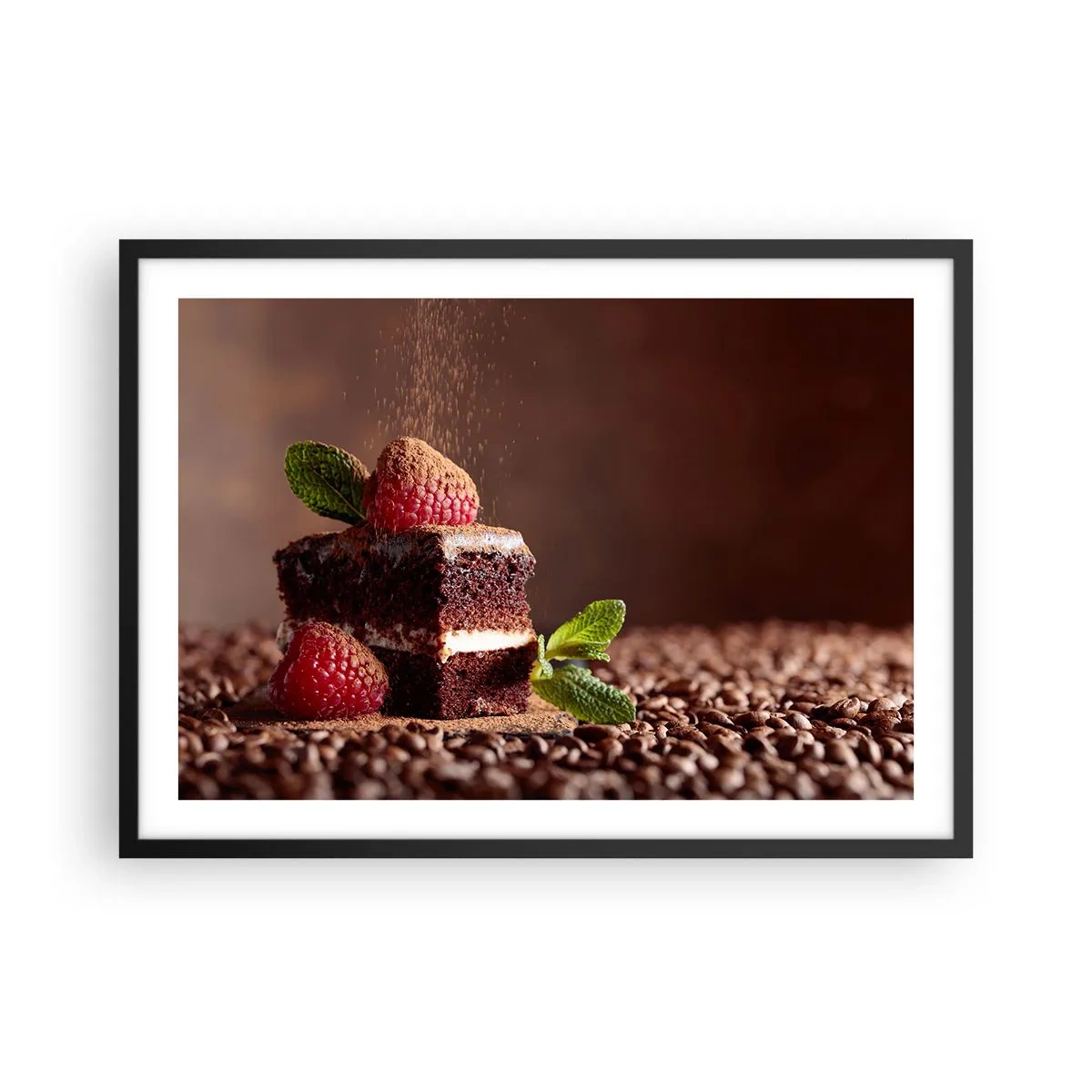 Poster in cornice nera - Torta al cioccolato con lamponi e menta su uno sfondo di fave di cacao - 70x50cm - La vita è dolce - Decorazione murale moderna per soggiorno e camera da letto ARTTOR