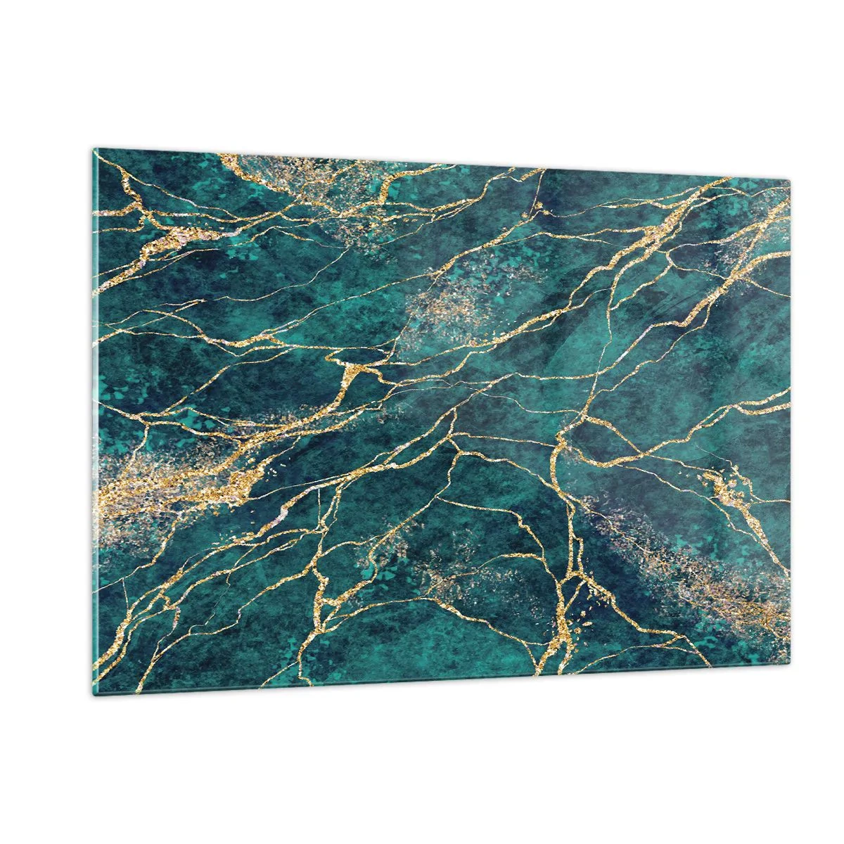 Quadro su vetro - Pietra marmorizzata con venature dorate, sfumature verde acqua e verde - 120x80cm - La vena d'oro - Decorazione murale moderna per soggiorno e camera da letto ARTTOR