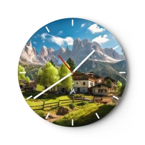 Orologio da parete - Orologio in Vetro - Un insediamento rurale ai piedi delle montagne in una giornata di sole - 30x30cm - Idillio alpino - Decorazione murale moderna per soggiorno, cucina e camera da letto ARTTOR
